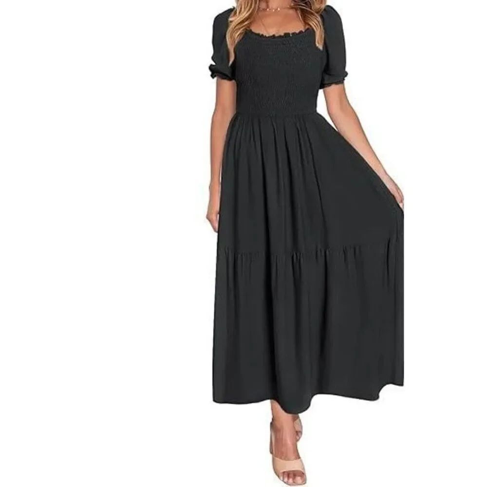 Zesica Women’s Black Smocked Puff Sleeve MIDI Dress Sz Med NEW
